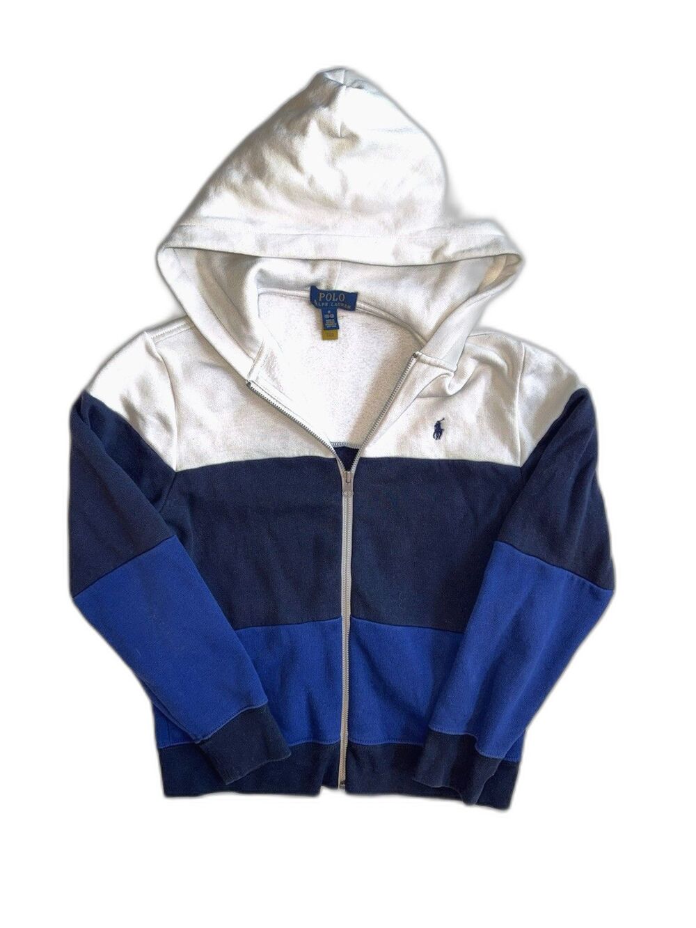 Polo Ralph Lauren Boys M 10-12 Colorblock Full Zip Fleece Hoodie Blue White Top